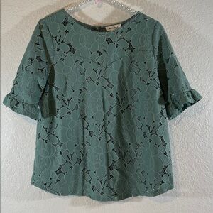 MONTEAU Pale Green Ruffled Short Sleeve Floral Lace Top Size Large